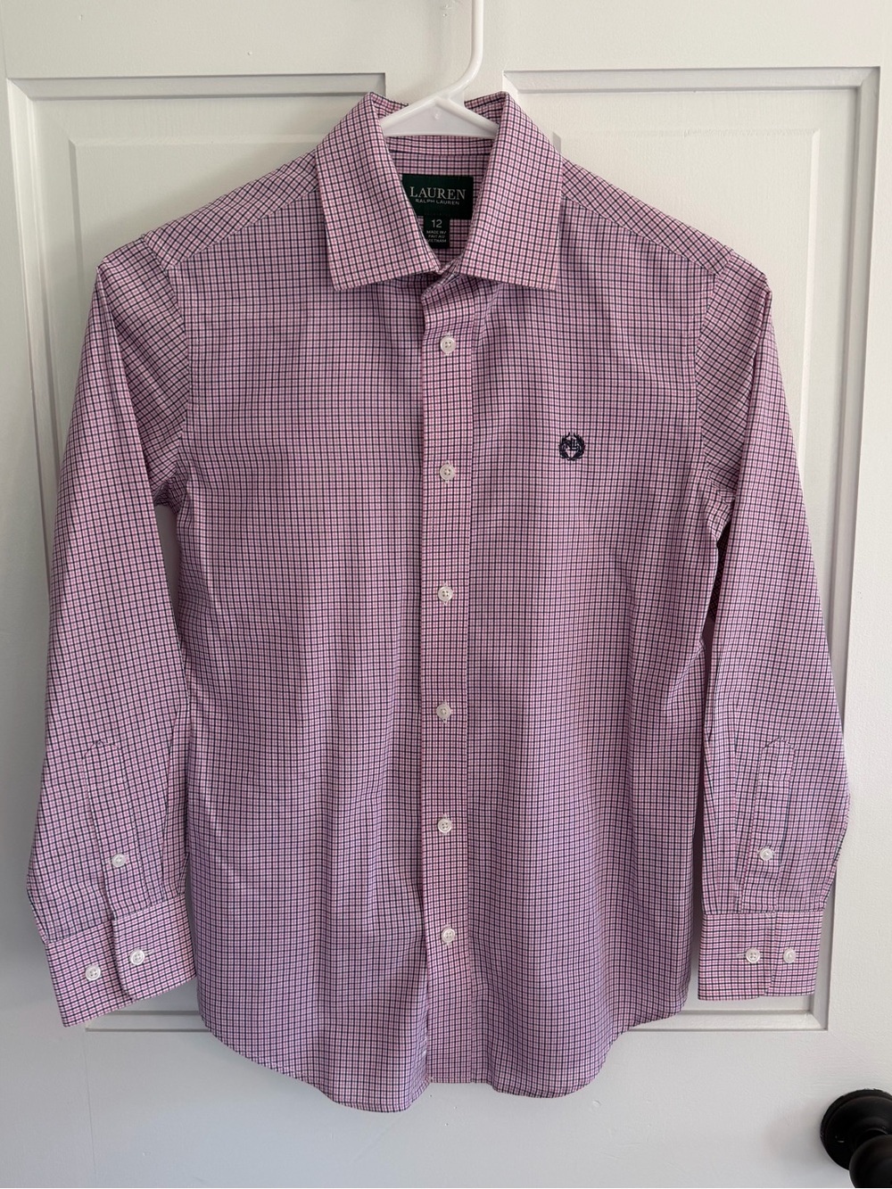 Lauren Ralph Lauren Boys Size 12 Pink Navy Check Button-Down Shirt